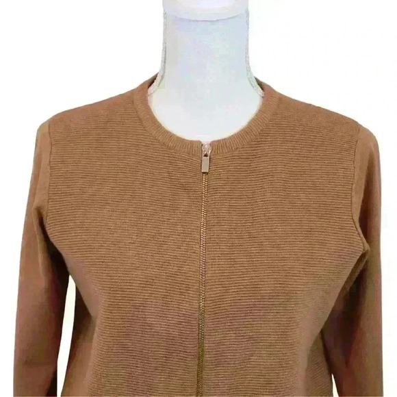 Light Brown Zip Up Crew Neck Long Sleeve Zip Up Lightweight Cardigan Sweater - Picture 2 of 5